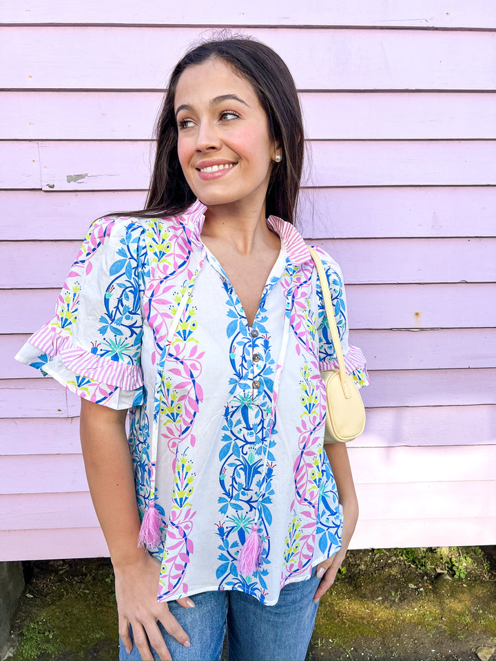 Brights Pink Stripe Trimmed Top