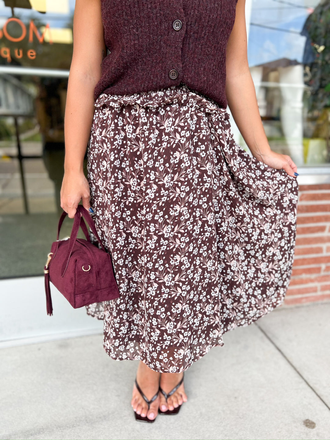 Brown Multi Oak Lane Shirred Midi Skirt