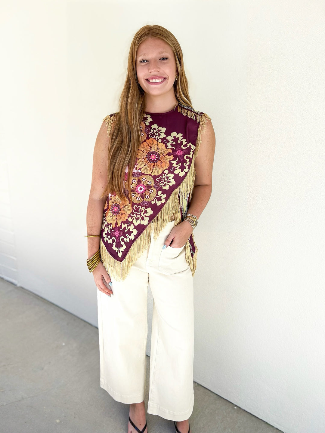 Wine Asymmetrical Crossen Fringe Top