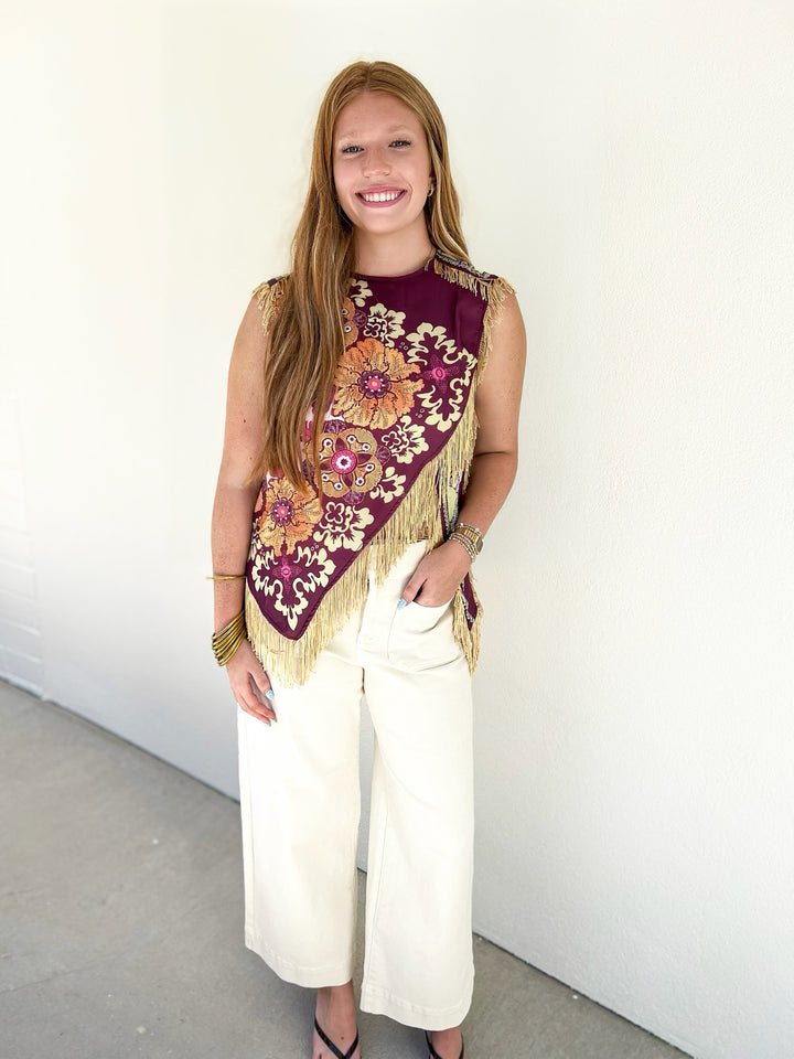 Wine Asymmetrical Crossen Fringe Top
