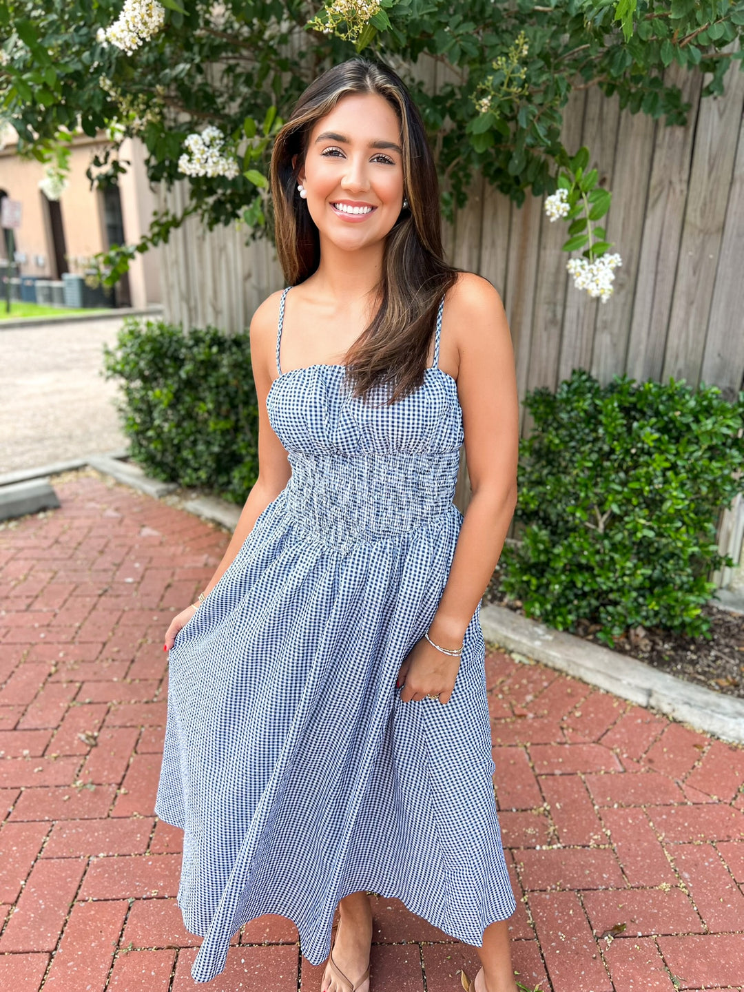 Navy Seersucker Gingham Midi Dress