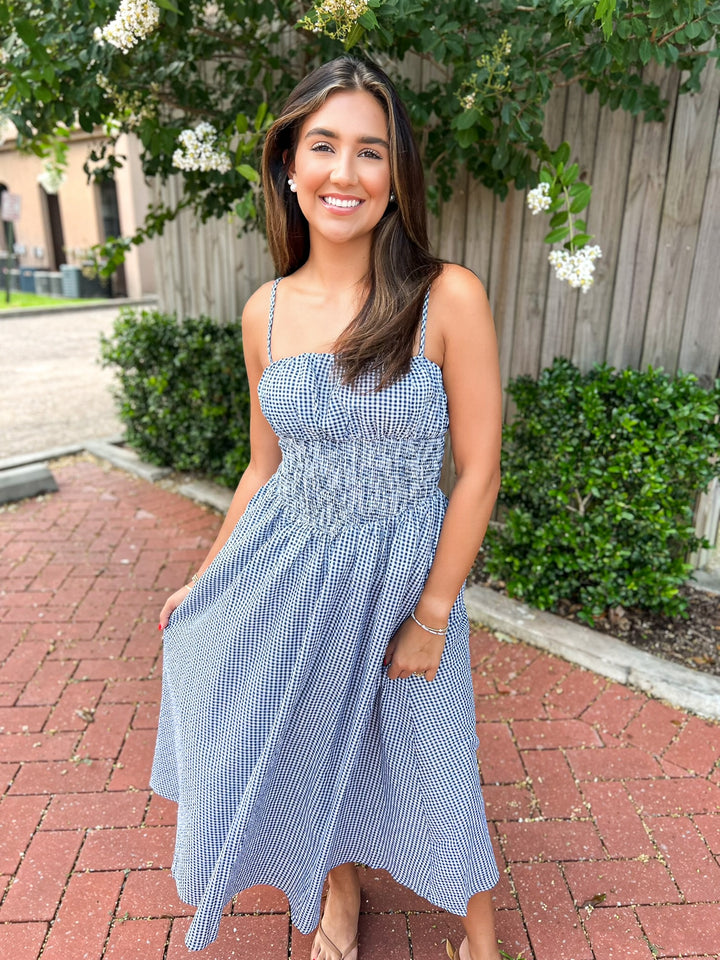 Navy Seersucker Gingham Midi Dress