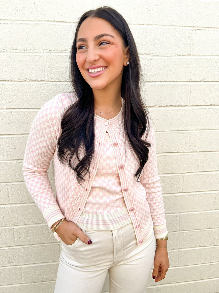 Pink Checkered Lover Cardigan & Tank Set