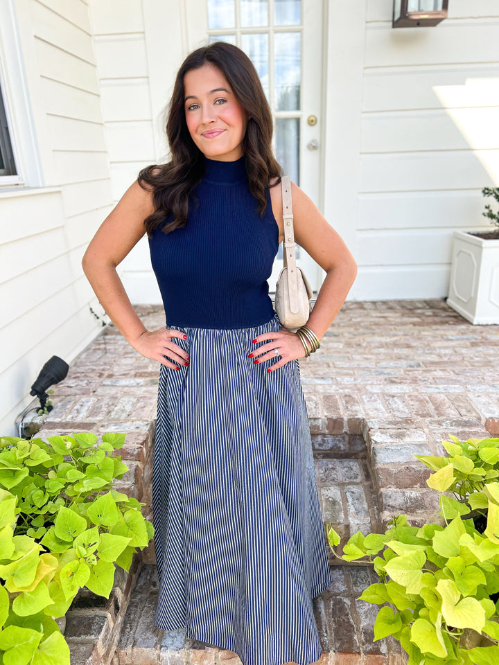 Night Time Navy Striped Midi Dress