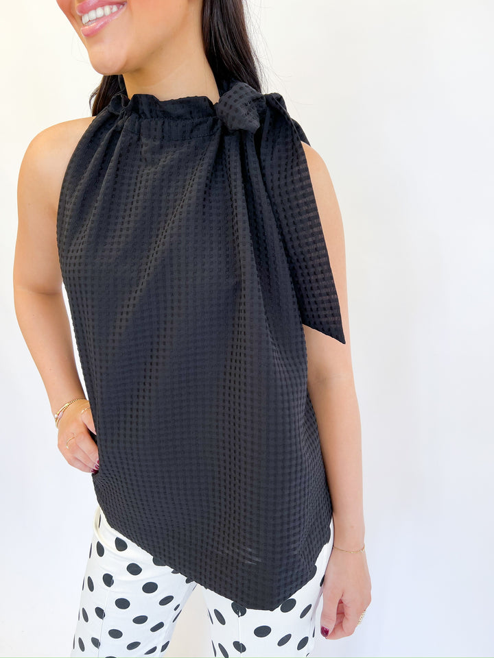 Black Ruffle Neck Tie Top