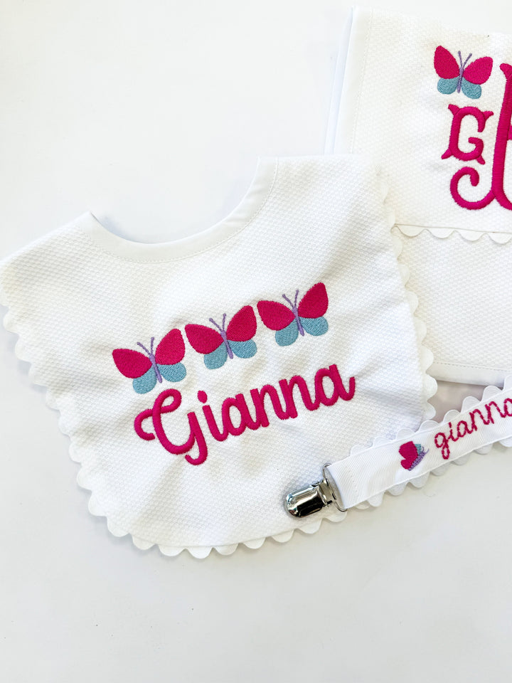 Personalized Themed Scalloped Trimmed White Bib