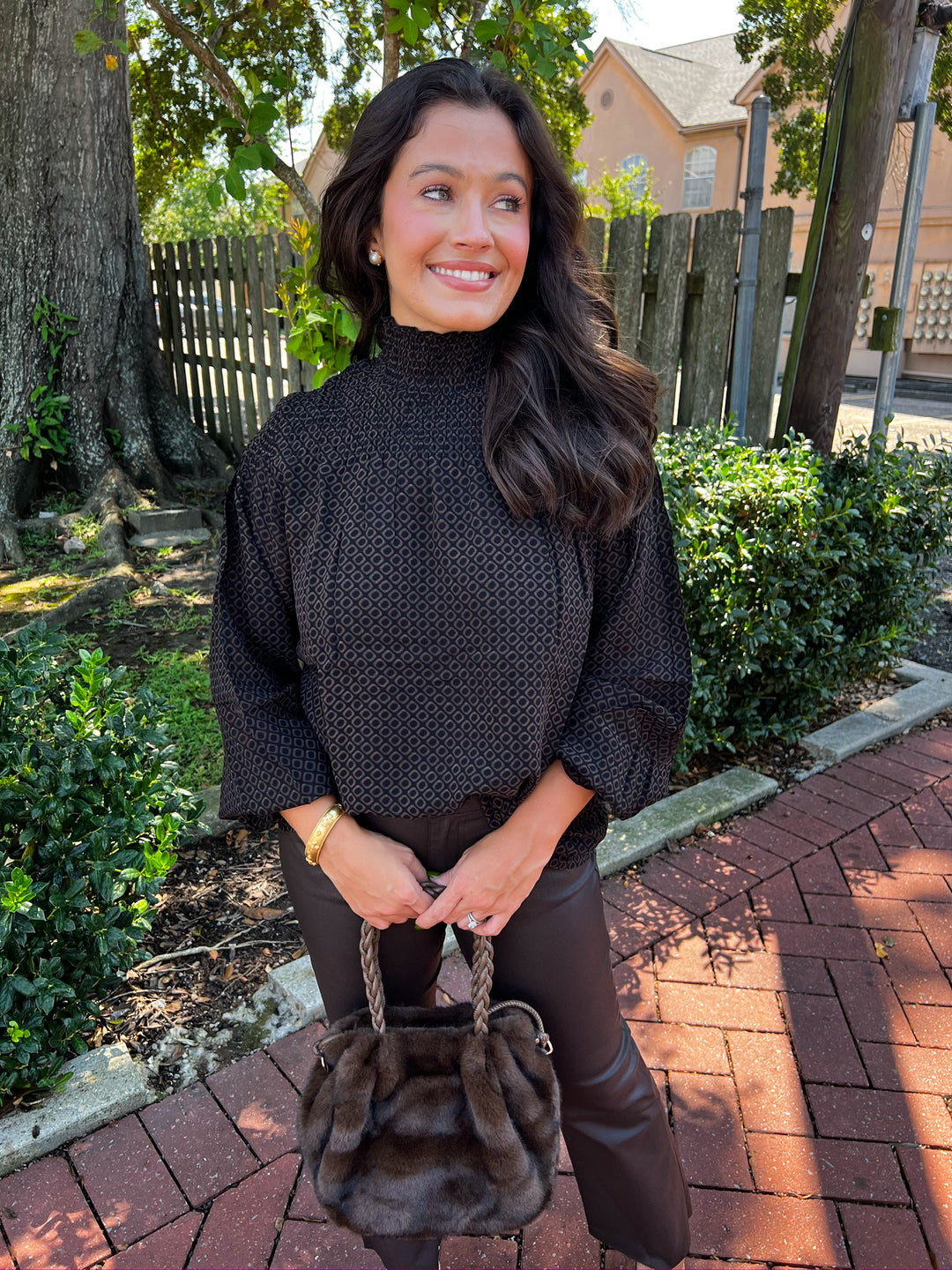 Espresso Geo Ellie Smocked Popover Top