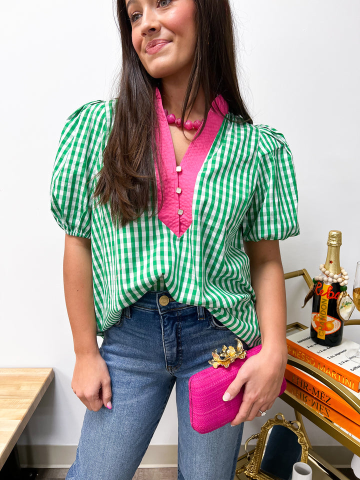 Green Peyton Plaid Pink Collared Top