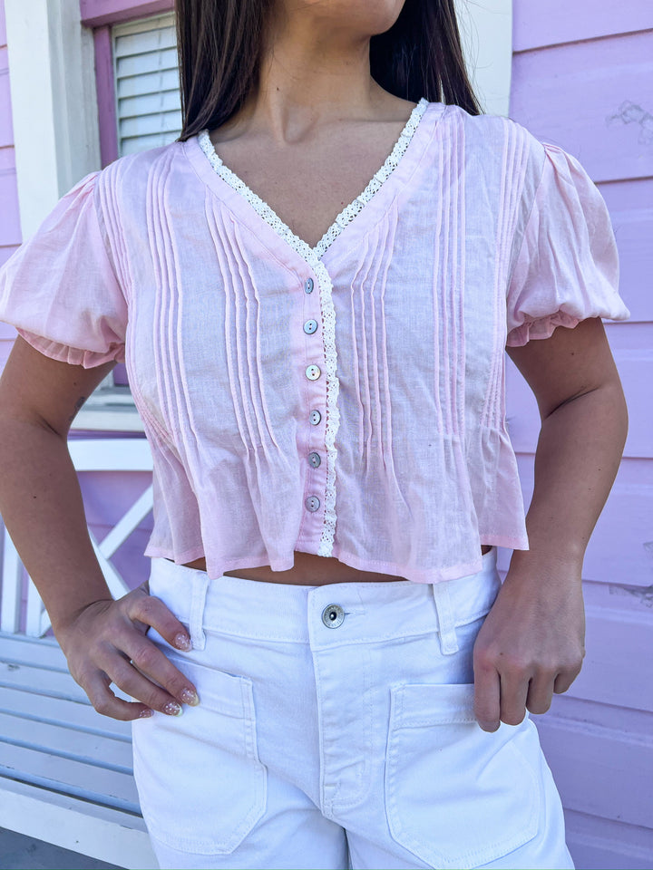 Pink Pintuck Lace Trim Blouse