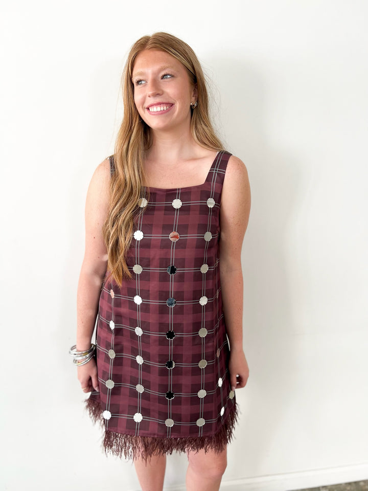 Plaid Burgundy Feather Trim Mini Dress