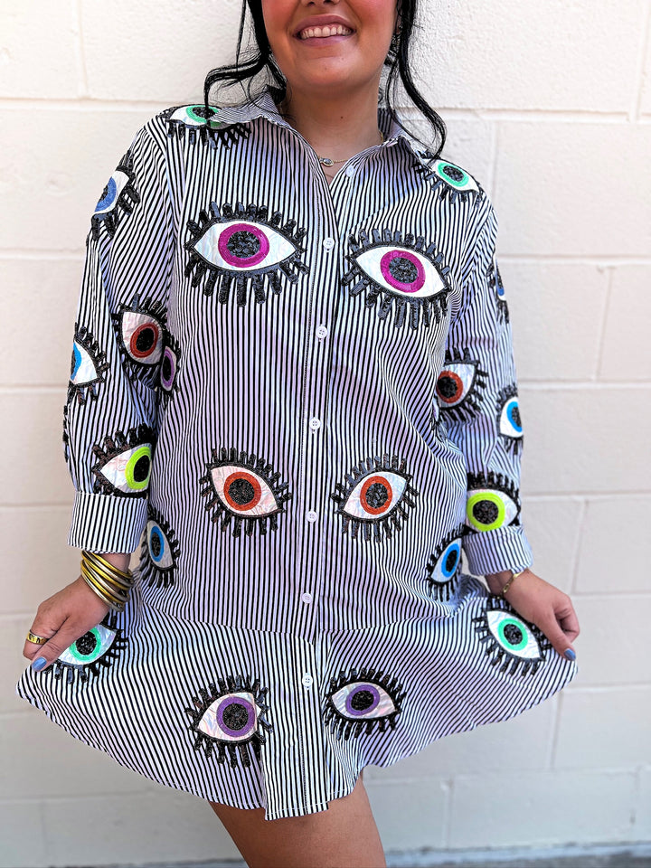 Multi Eye Button Up Ruffle Dress