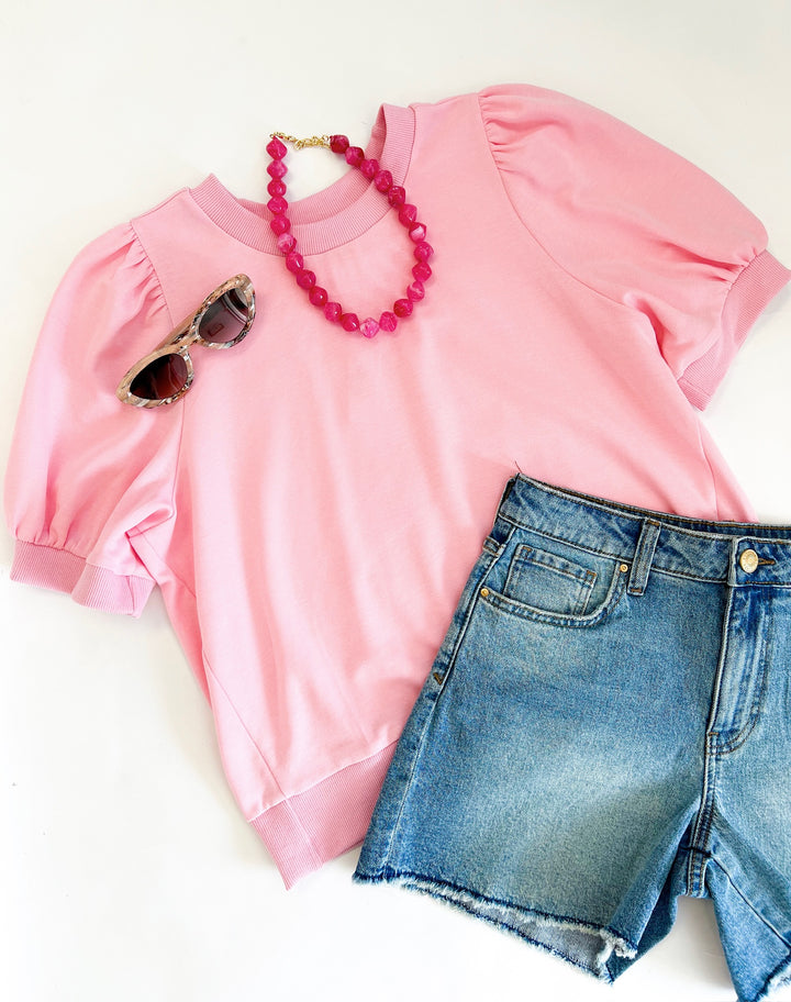 Pink Puff Sleeve Pullover Tee
