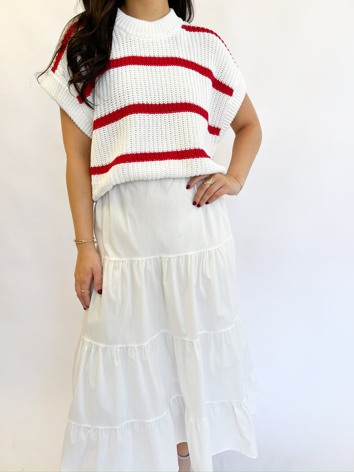 Red & White Mixed Sweater Midi Dress