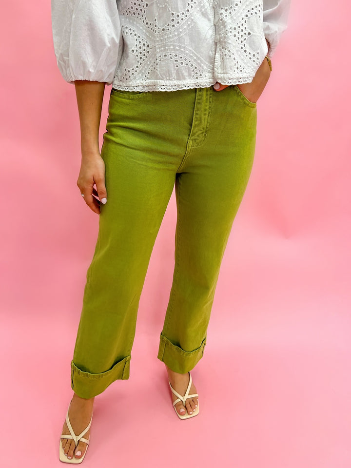 Green Straight Leg Cropped Jeans