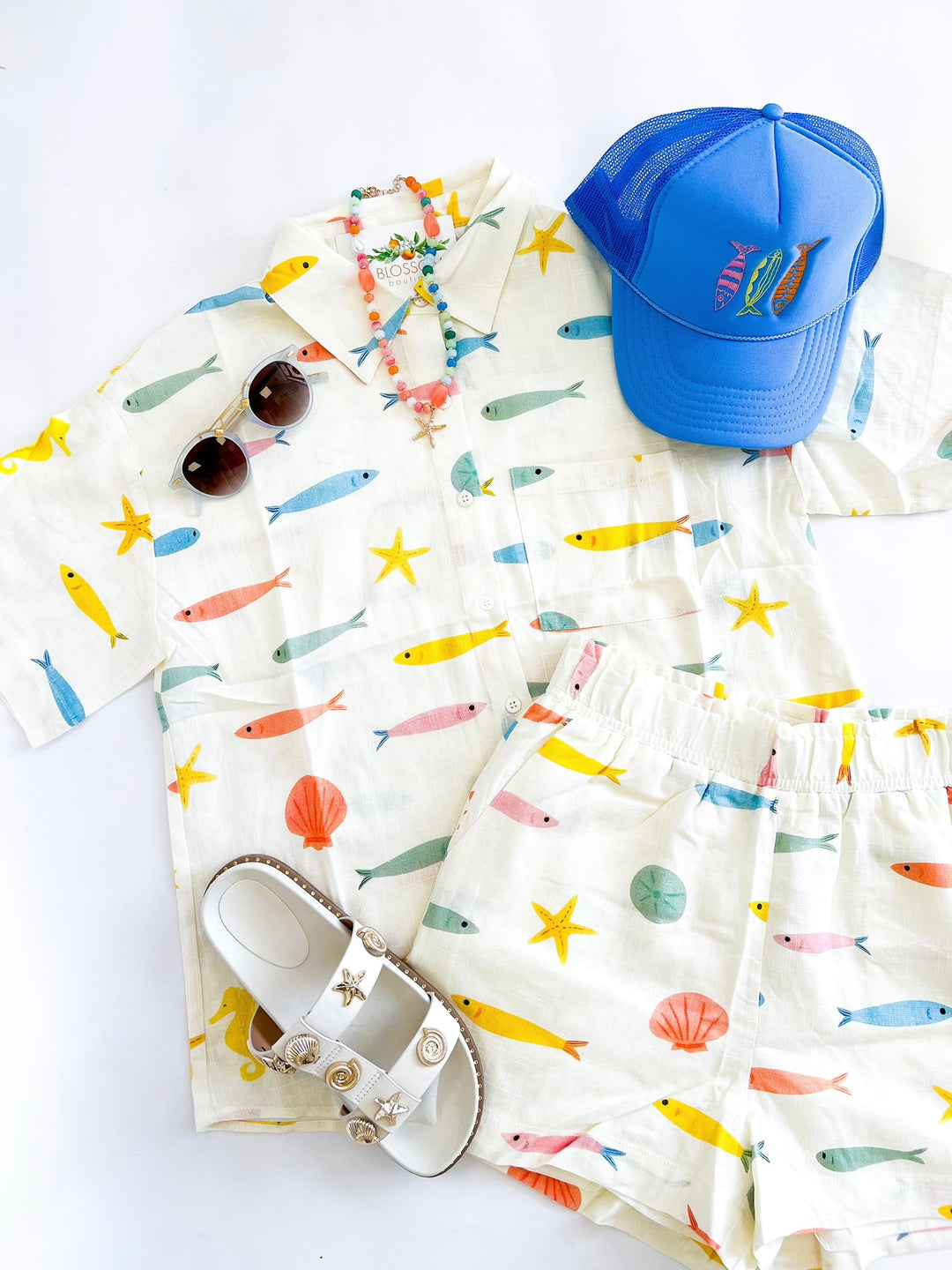 Multi Fish Button Up Top
