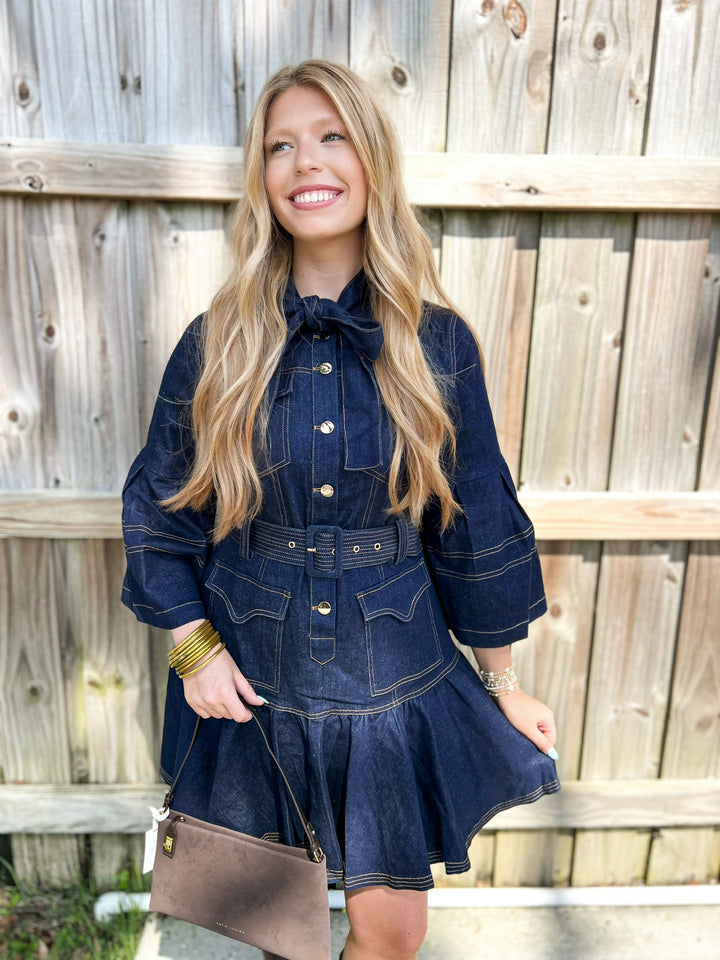 Navy Topstitched Denim Mini Dress