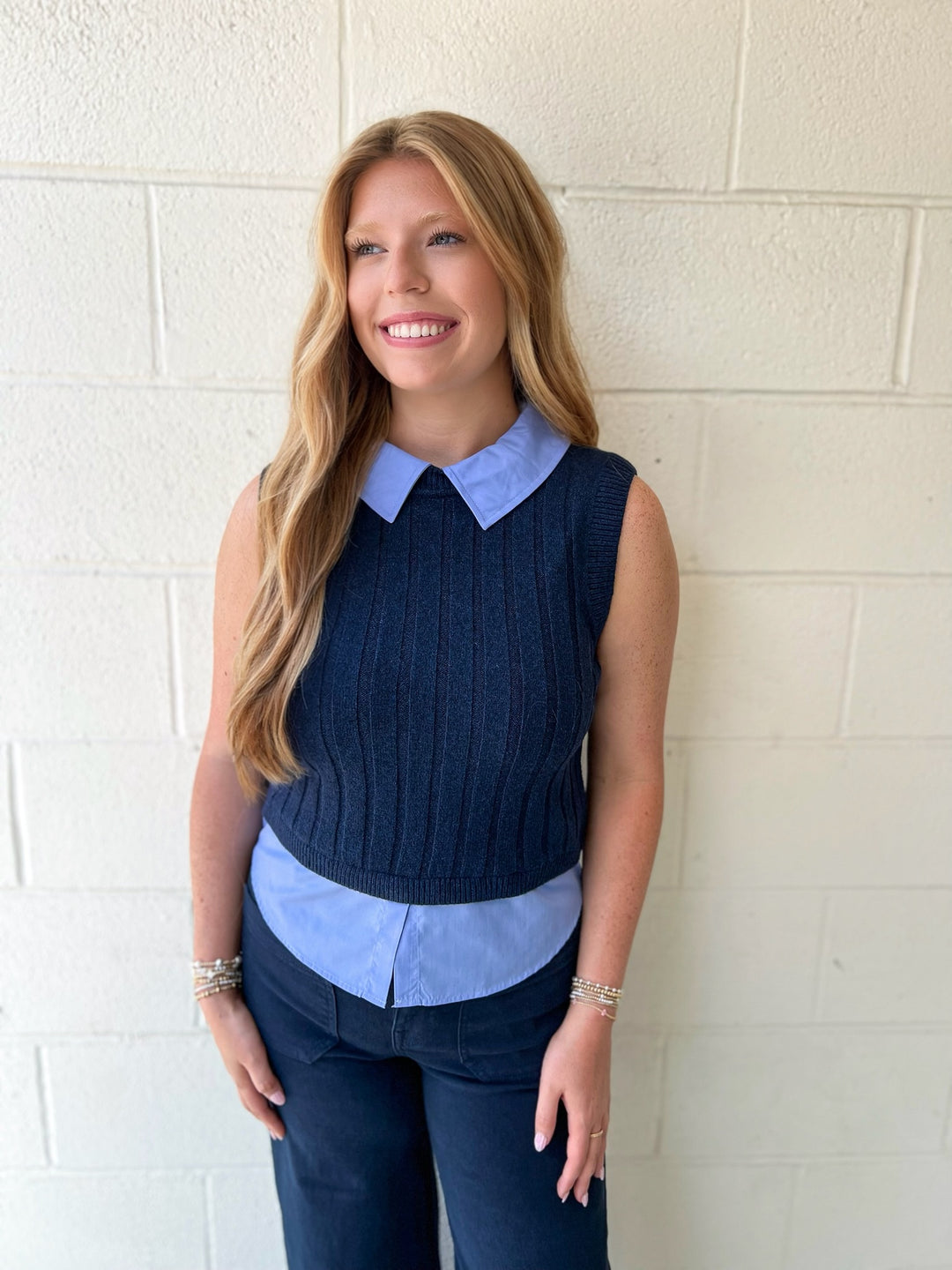 Marine Blue Combo Aleyna Collared Vest
