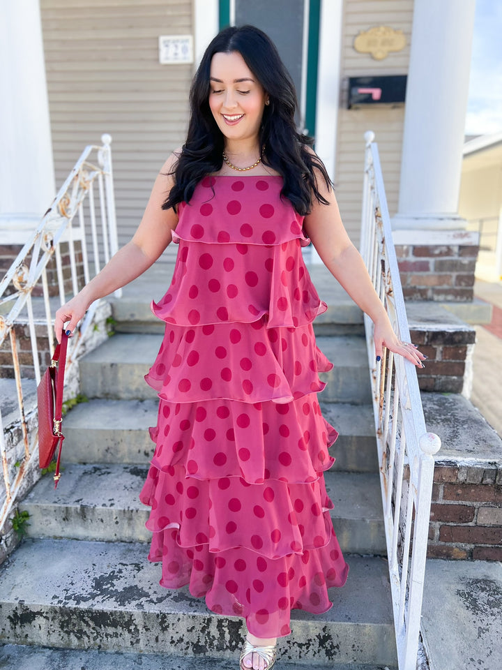 Poinsettia Polka Dot Midi Ruffle Dress