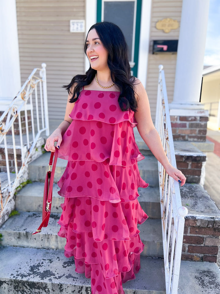 Poinsettia Polka Dot Midi Ruffle Dress