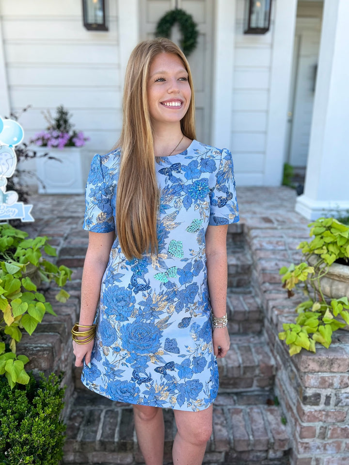 Eliza Blue Beaded Jacquard Dress