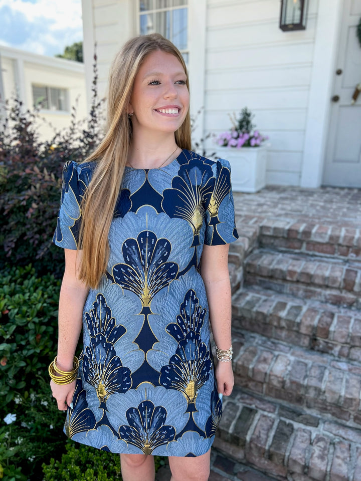 Lucille Blue & Gold Beaded Jacquard Dress