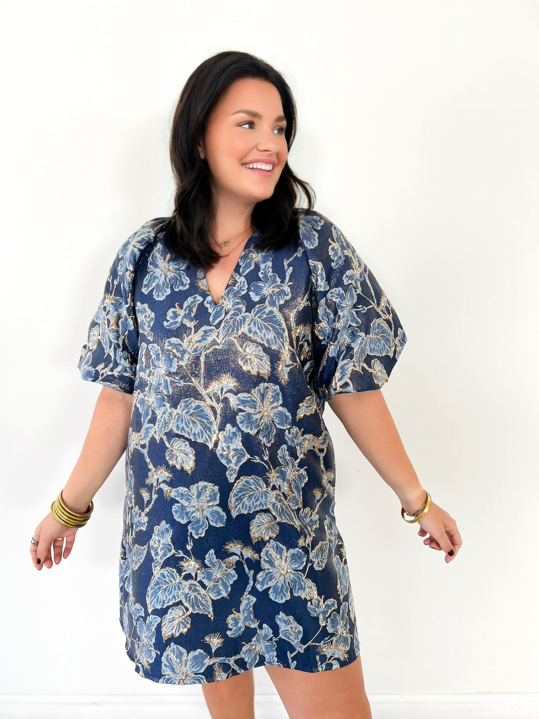 Navy & Gold Floral Metallic Mini Dress