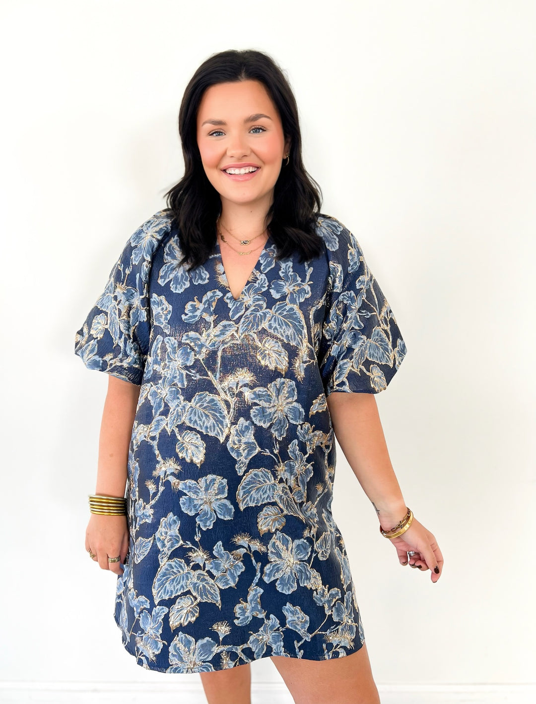 Navy & Gold Floral Metallic Mini Dress