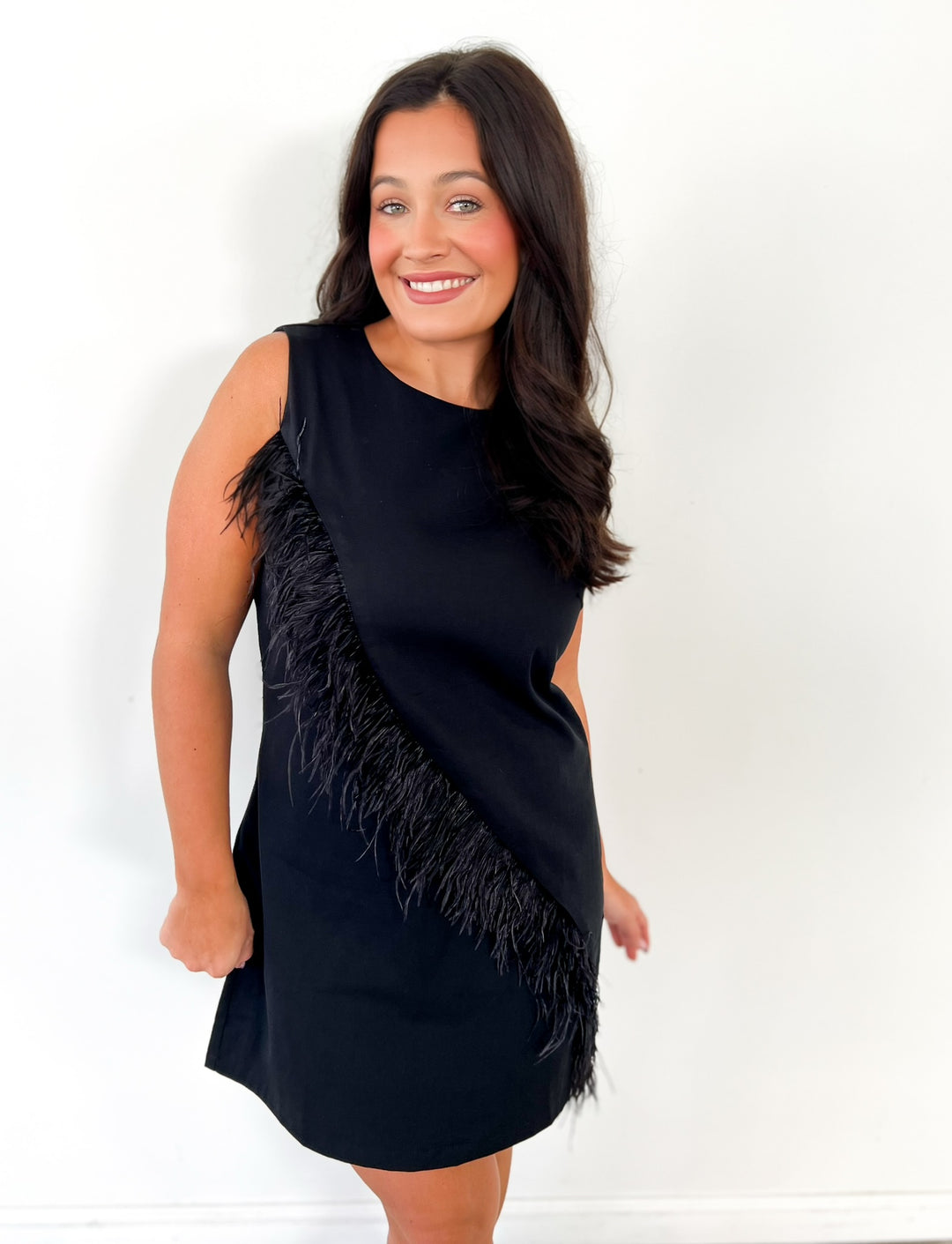 Black Feather Trim Mini Dress