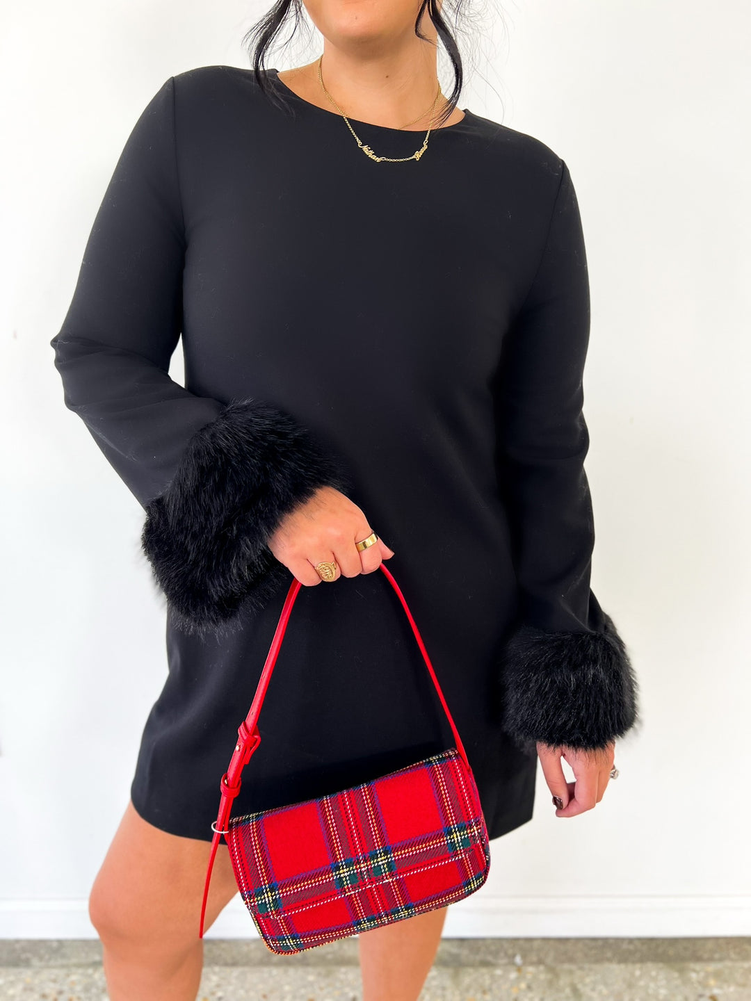 Black Whispering Fur Sleeve Dress