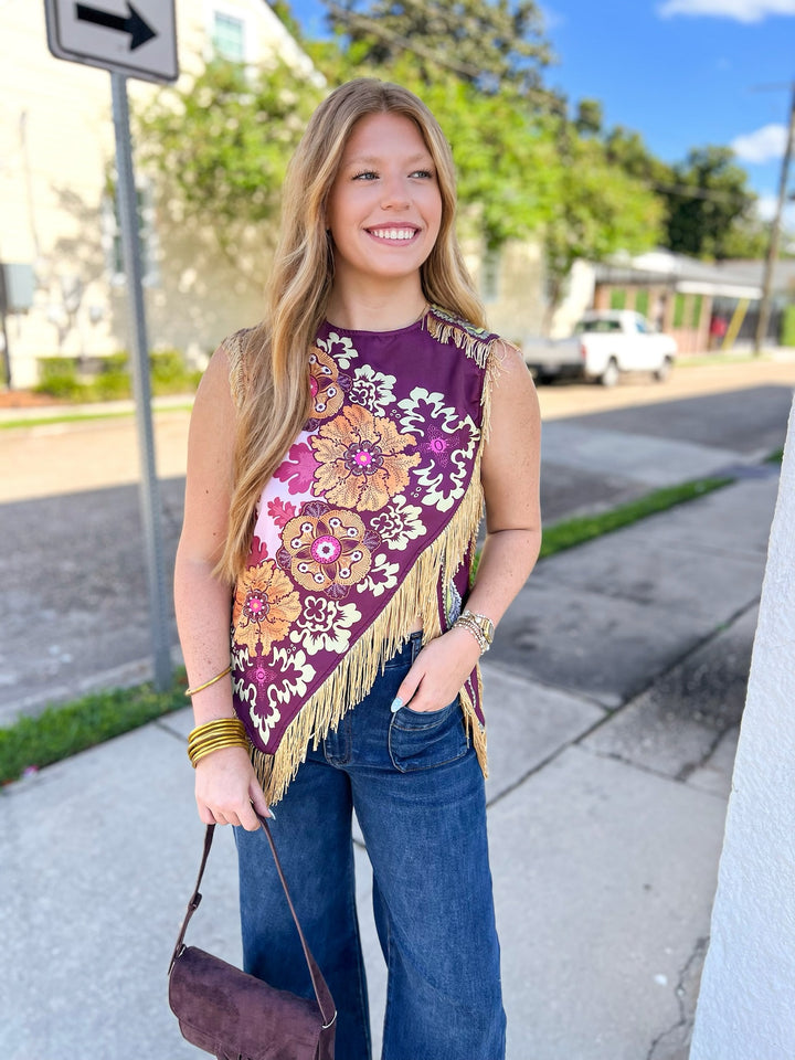 Wine Asymmetrical Crossen Fringe Top