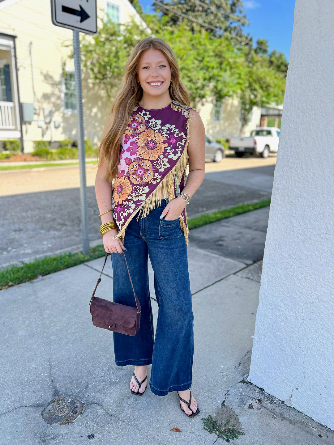 Wine Asymmetrical Crossen Fringe Top