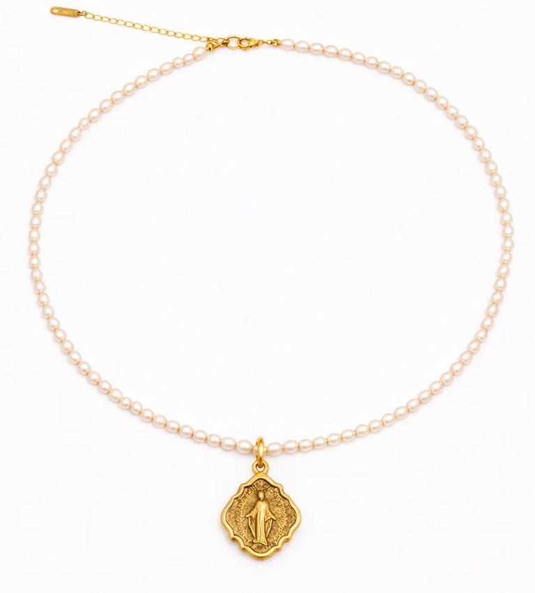 Delicate Antique Mary Sacred Pearl Necklace
