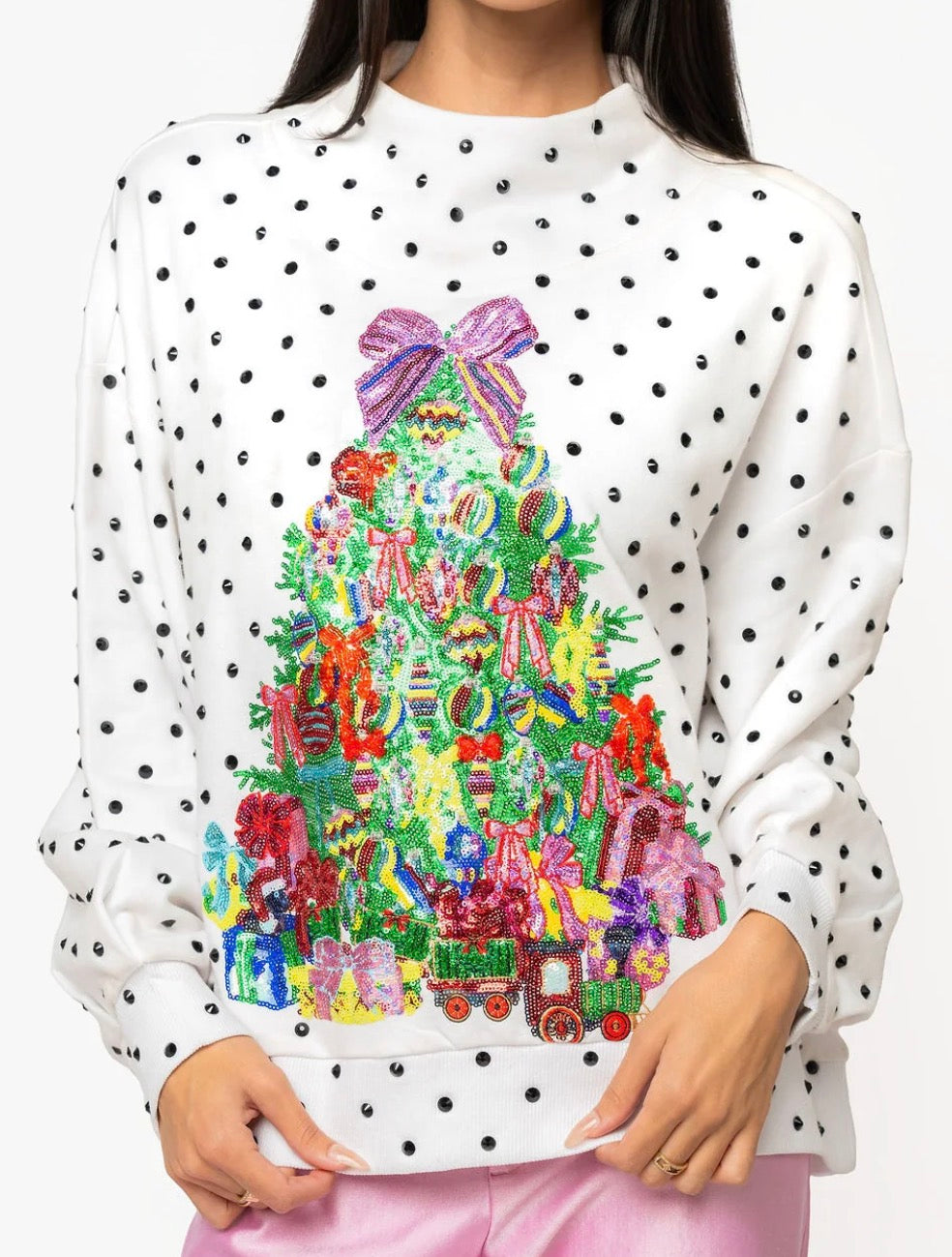 White & Black Polka Dot Queen Christmas Tree Mock Neck