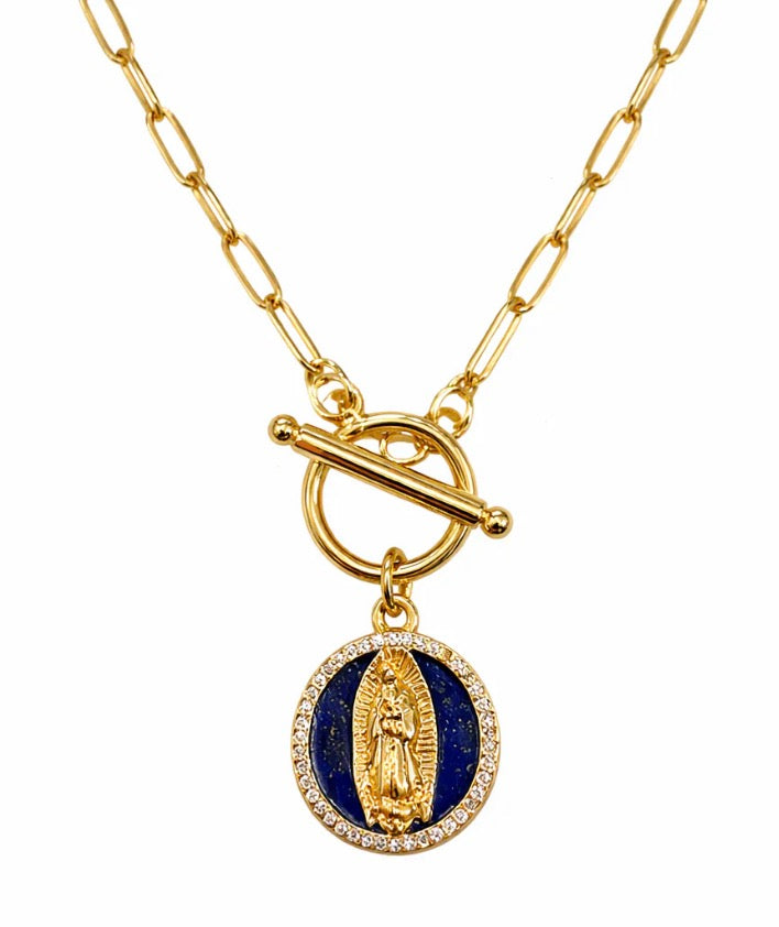 Lapis Virgin Mary Sacred Paperclip Necklace