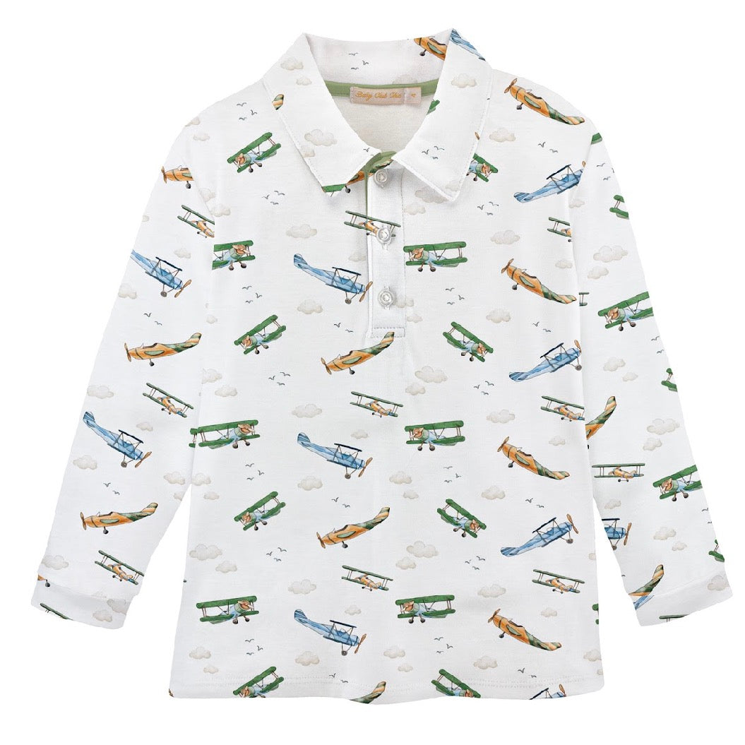 Airplanes Printed Pima Long Sleeve Collared Tee