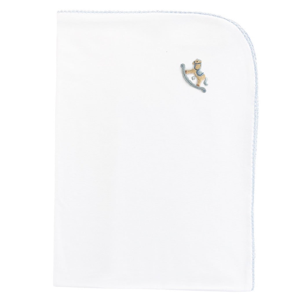 Blue Cute Rocking Horses Embroidered Pima Receiving Blanket