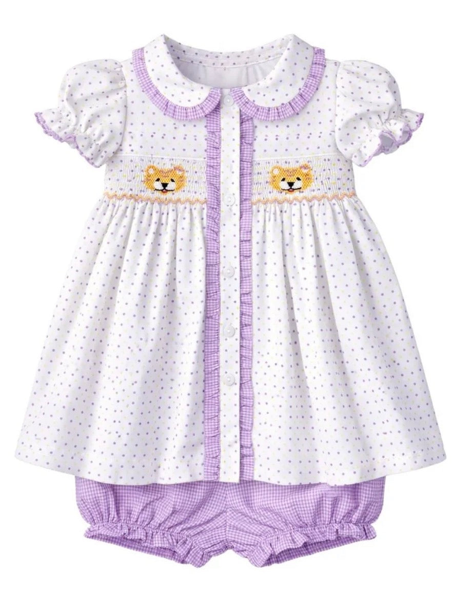 Purple Bitty Dot Tiger Ruby Smocked Bloomer Set