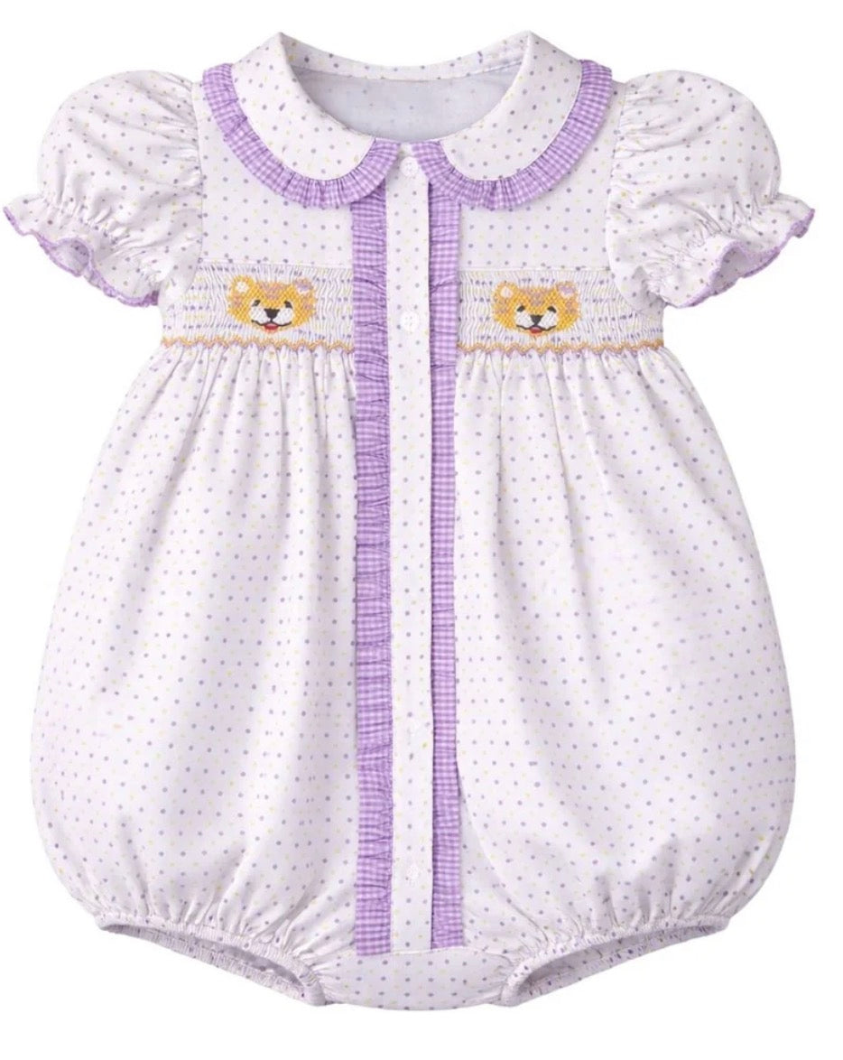 Purple Bitty Dot Tiger Ruby Smocked Bubble