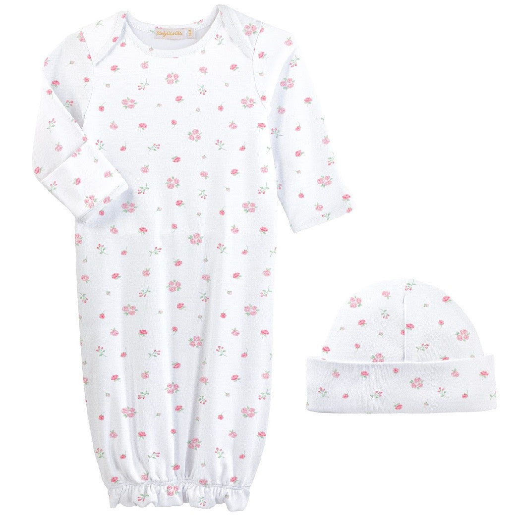 Tiny Rosebud Printed Pima Gown & Hat Set