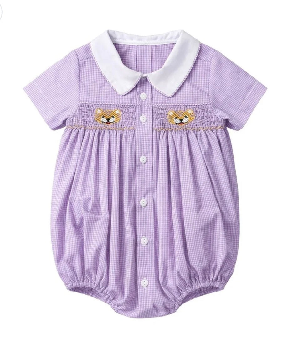 Purple Gingham Tiger Miller Smocked Bubble