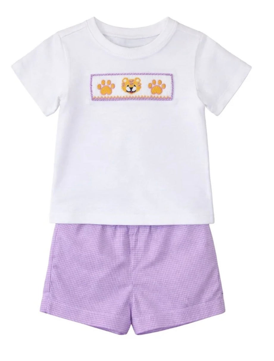 Purple Gingham Tiger Ollie Smocked Short Set