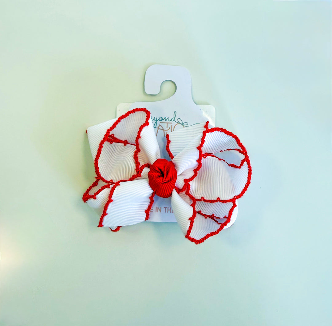 Red & White Crochet Edge Medium Bow Alligator Clip