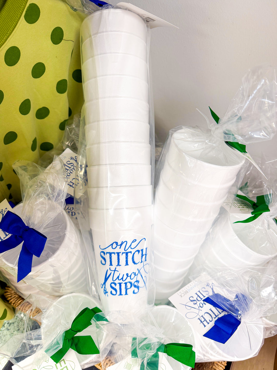 Blue One Stitch Two Sip Styrofoam Cup Set