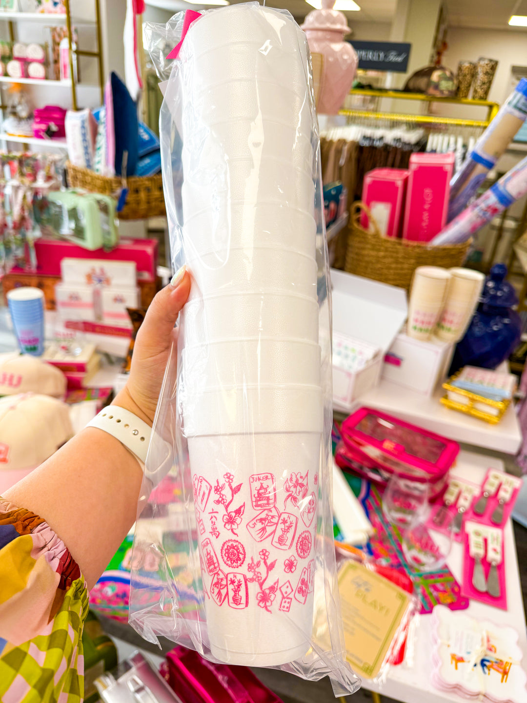 Pink Mahjong Toile Styrofoam Cup Set