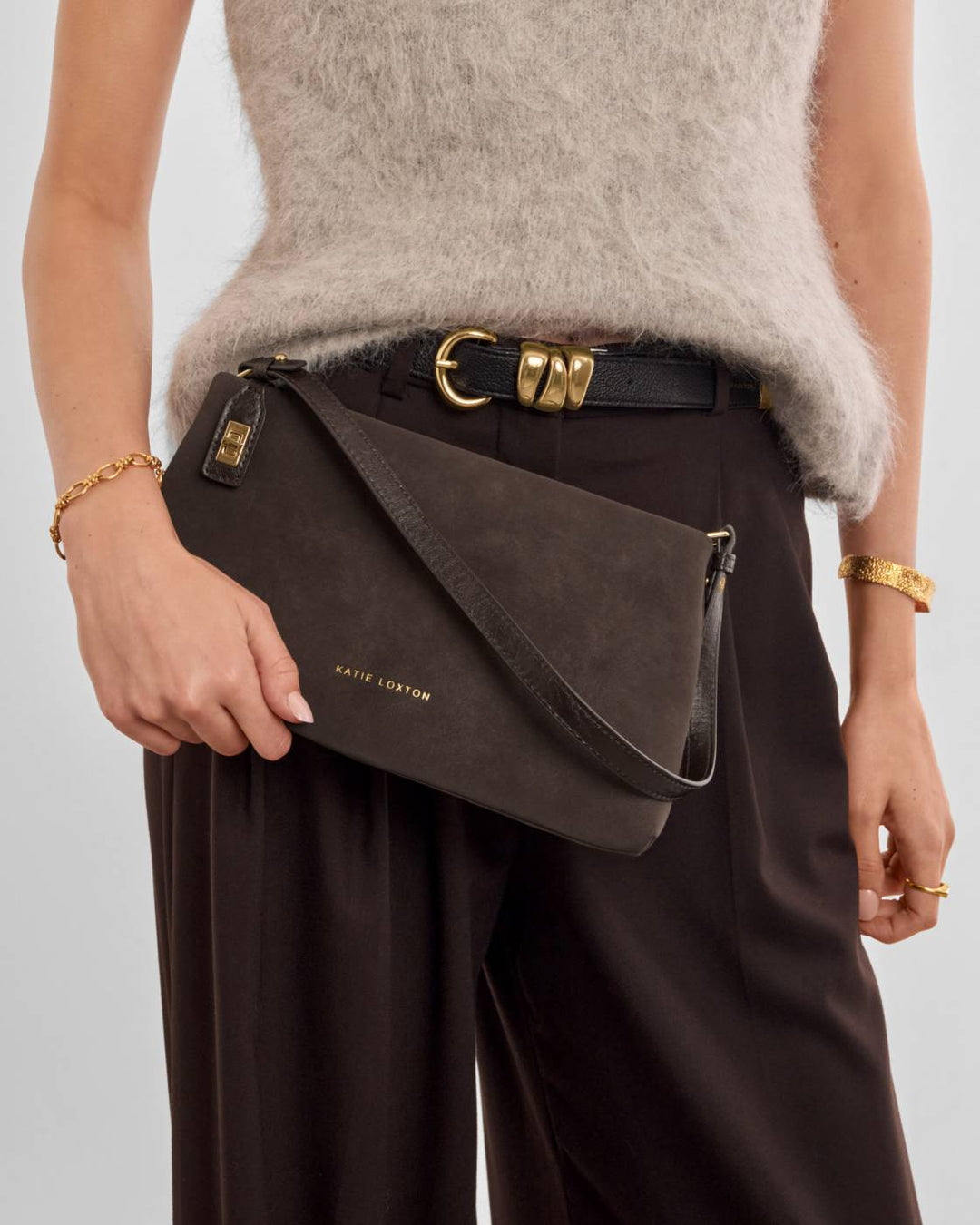 Bitter Chocolate Suedette Ornin Twist Lock Small Shoulder Bag