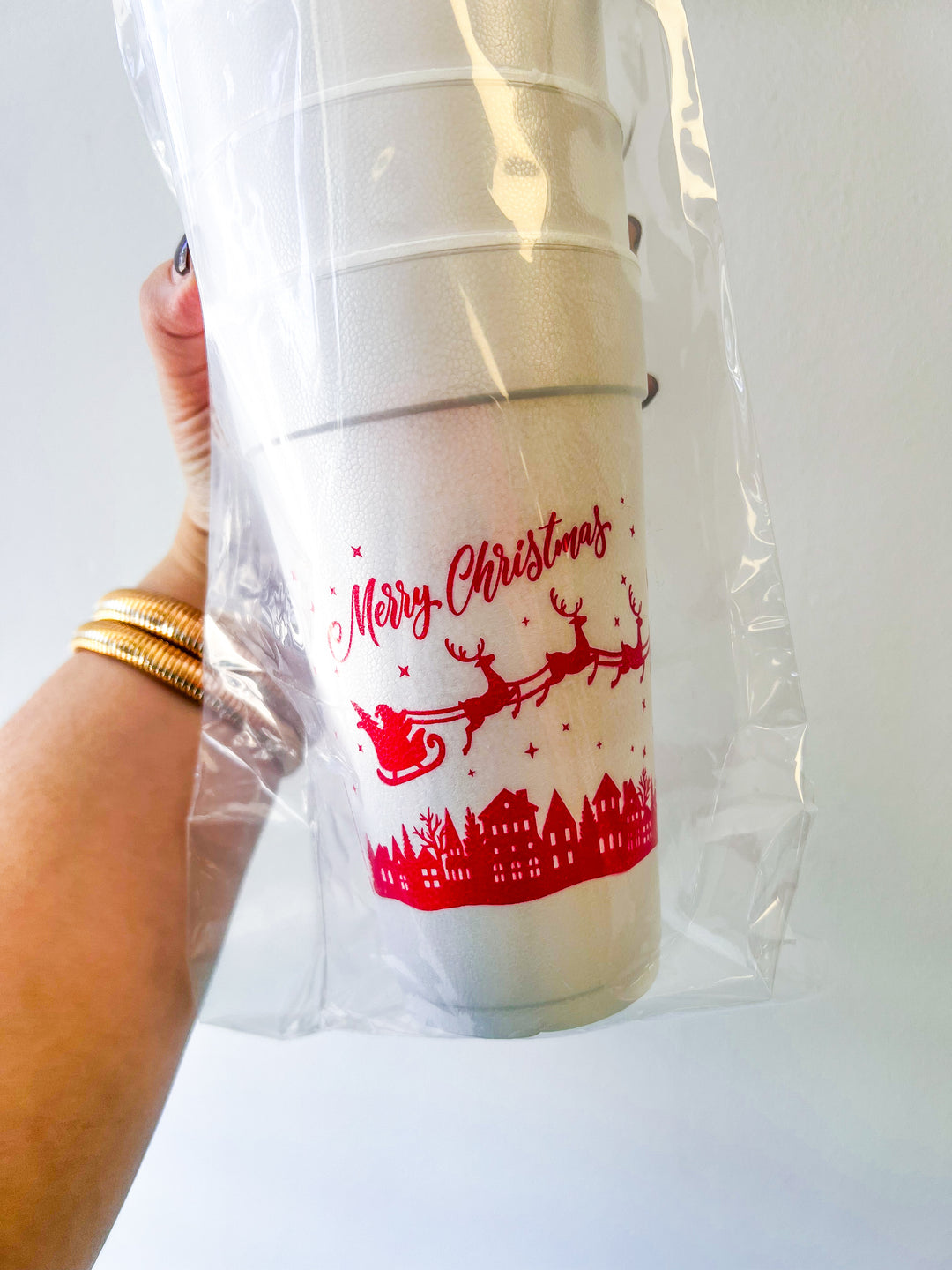 Red Merry Christmas Santa Village Styrofoam Cup Set
