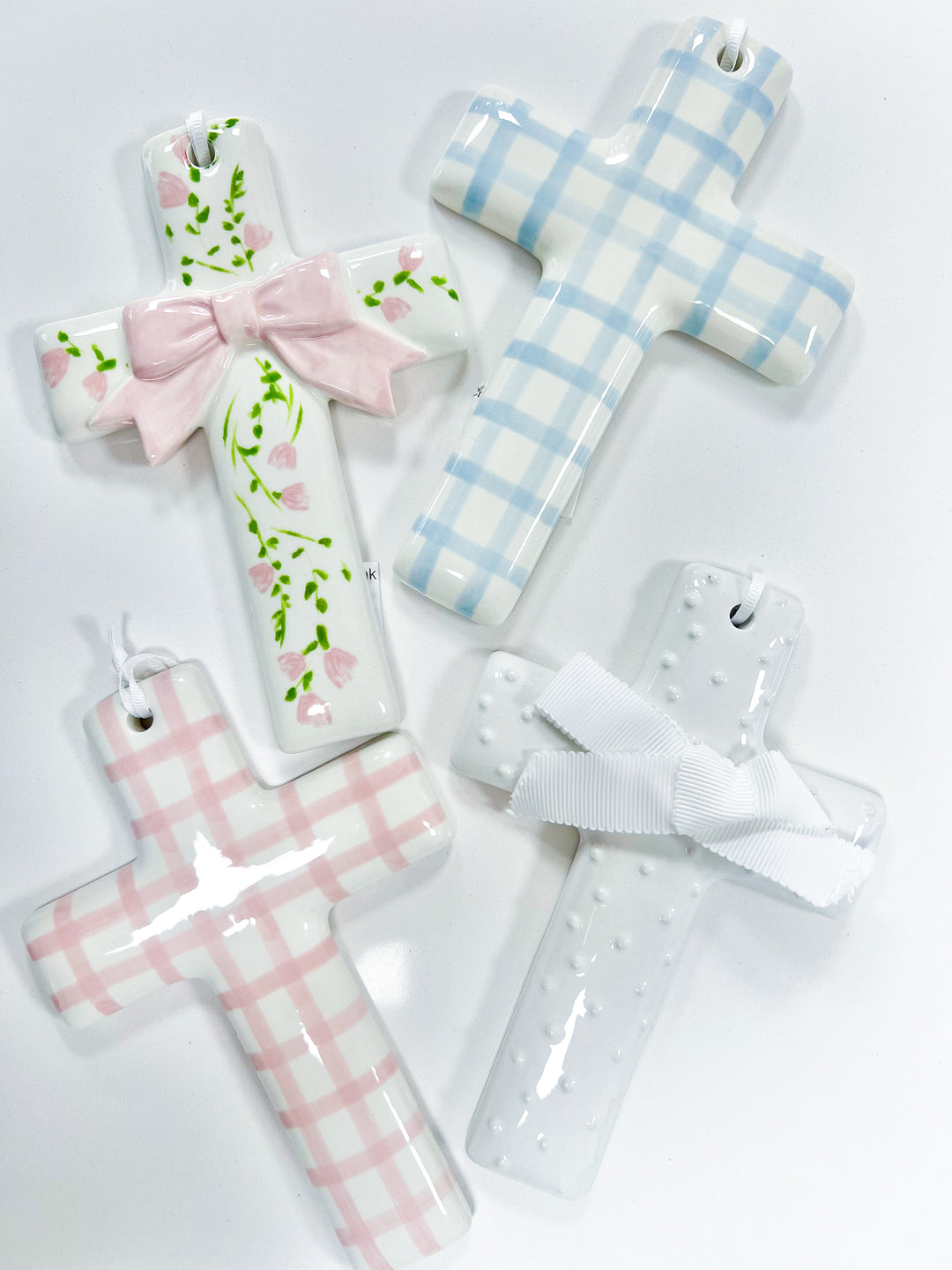 Pink Gingham Ceramic Cross