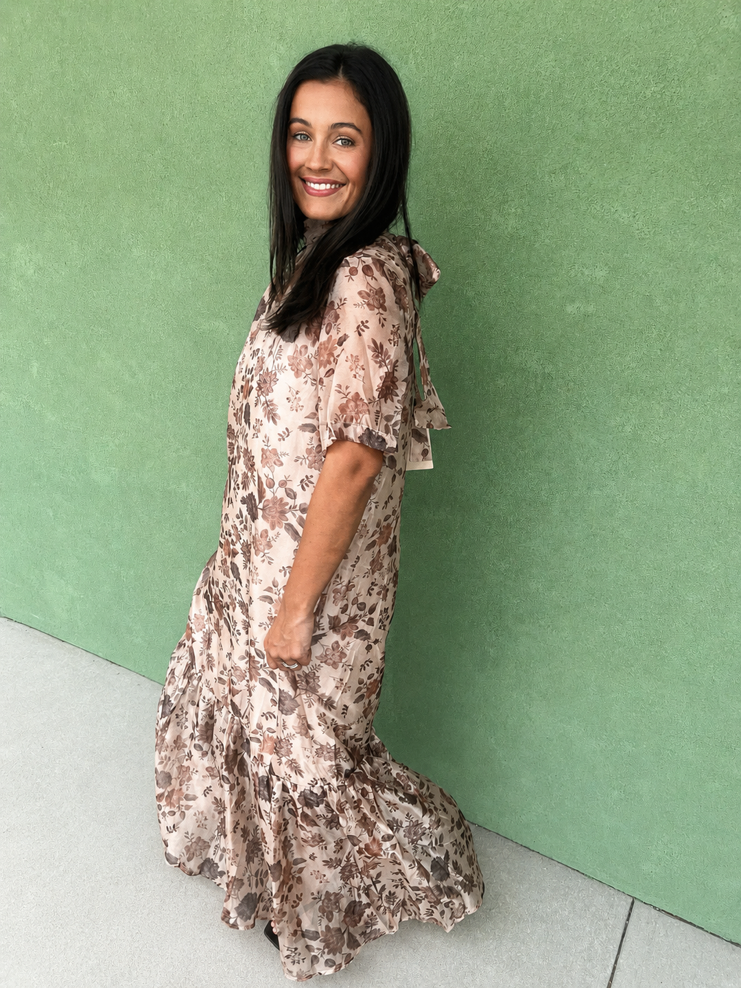 Taupe Floral Gatherings Organza Dress