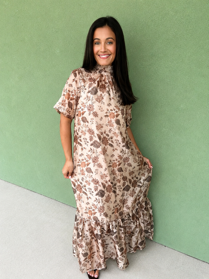 Taupe Floral Gatherings Organza Dress