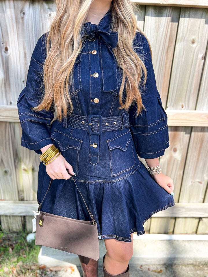 Navy Topstitched Denim Mini Dress